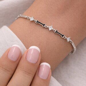 Sterling Silver CZ and Black Enamel Link Bracelet, 7.5 inches
